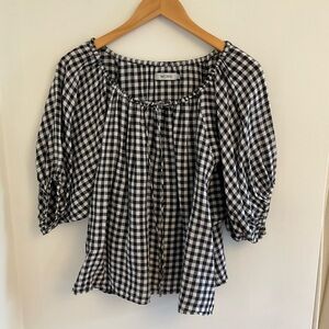 WORN Australia Black & White Gingham Check Puff Sleeve Linen Blouse Sz s/m